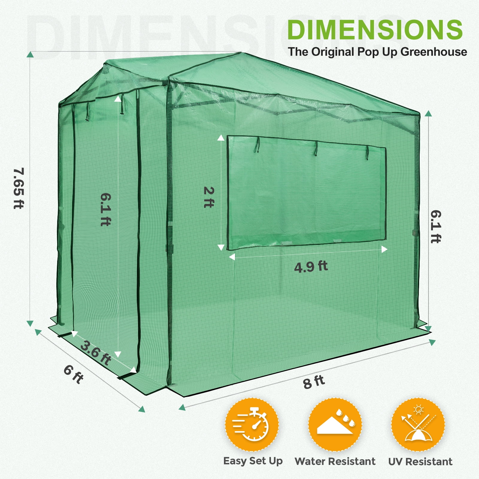 EAGLE PEAK 8x6 Portable Walk-in Greenhouse Instant Pop-up Indoor Outdoor Plant Gardening Green House Canopy with Dual Roll-up Zipper PE Door & Upgraded Screen Mesh Door, Green