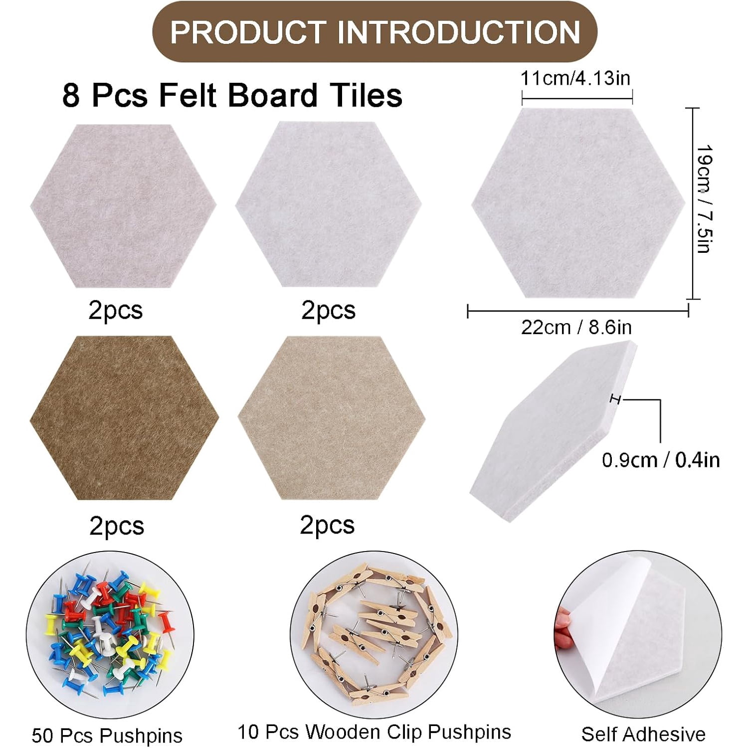 8 Pcs Hexagon Bulletin Board with 50 Pushpins & 10 Wooden Clip Pins Adhesive Cork Board for Wall，Felt Pin Board for School，Office Decor（Wood Brown）