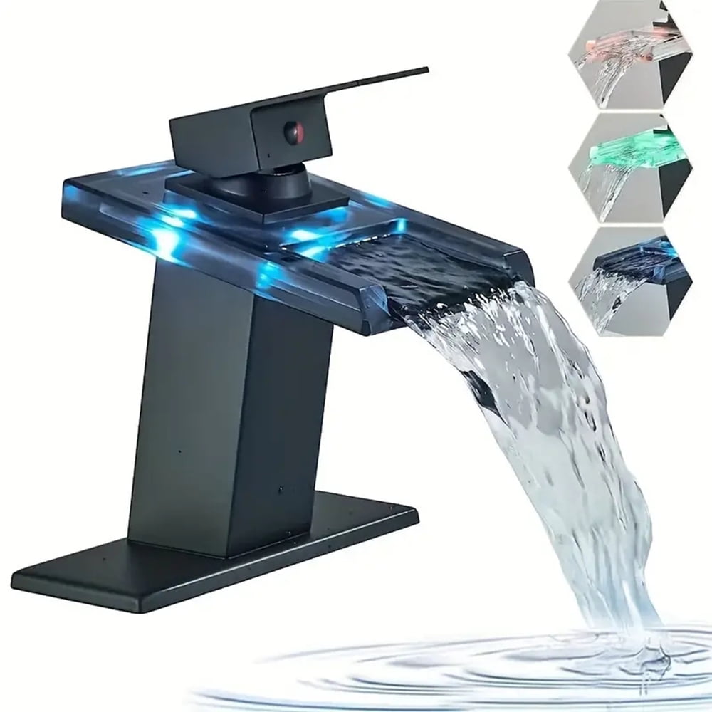 Black Bathroom Basin Sink Faucet LED Single Handle 3 Holes Mixer Tap with Cover