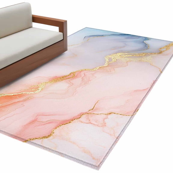 Pink Blue Marble Large Area Rugs for Bedroom Living Room, Soft Non Slip Carpet Bedside Rug, Ink Painting Modern Abstract Rectangular Floor Cover Kitchen Accent Rug 3'x5' for Dining Room/Office