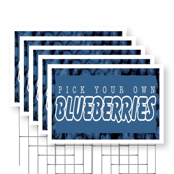 Pick Your Own Blueberries Yard Sign 5 Pack of 24 Inch x 36 Inch Single Sided Weatherproof Heavy-Duty Plastic with Stake | Freshly Picked, Local Farms, Healthy Living | Made in USA