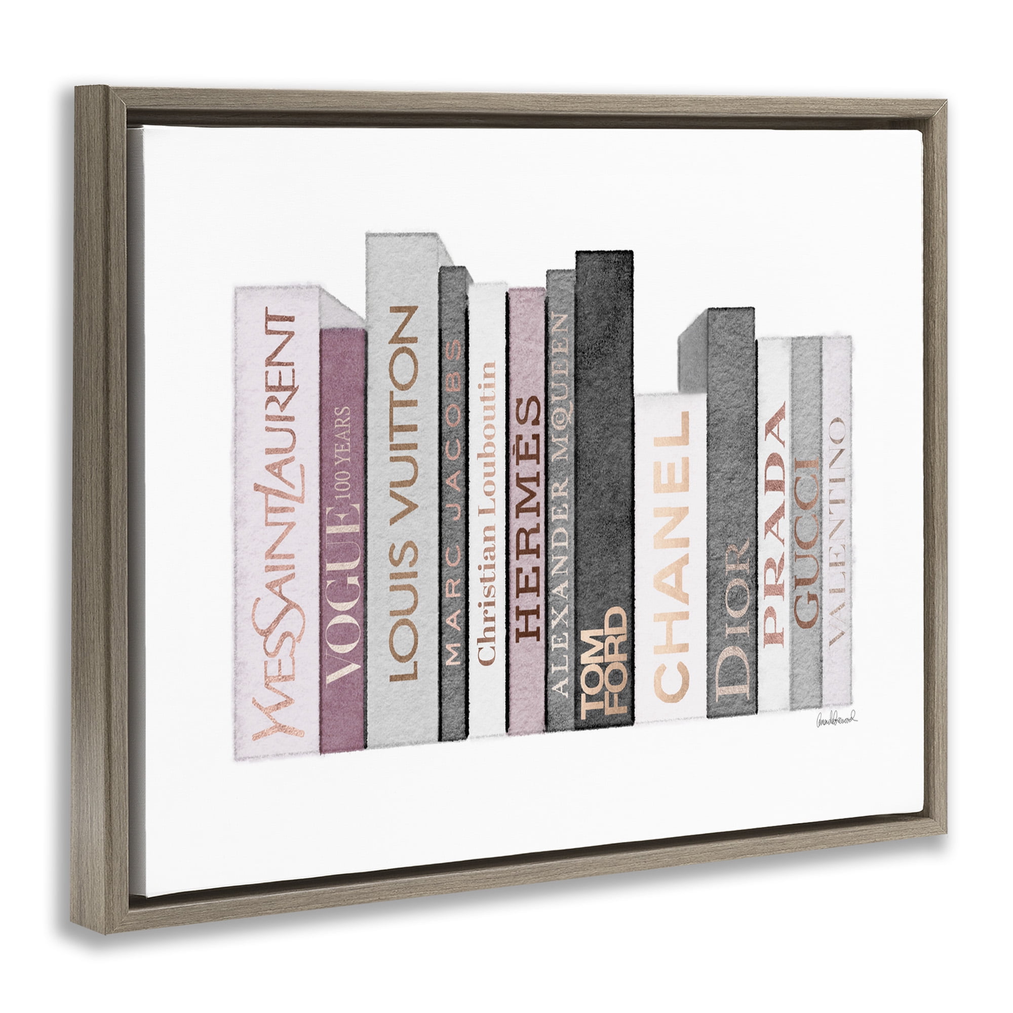 Stupell Industries Pink & Grey Fashion Bookstack Beauty & Fashion Painting Brown Floater Framed Canvas Art Print Wall Art, 21 x 17