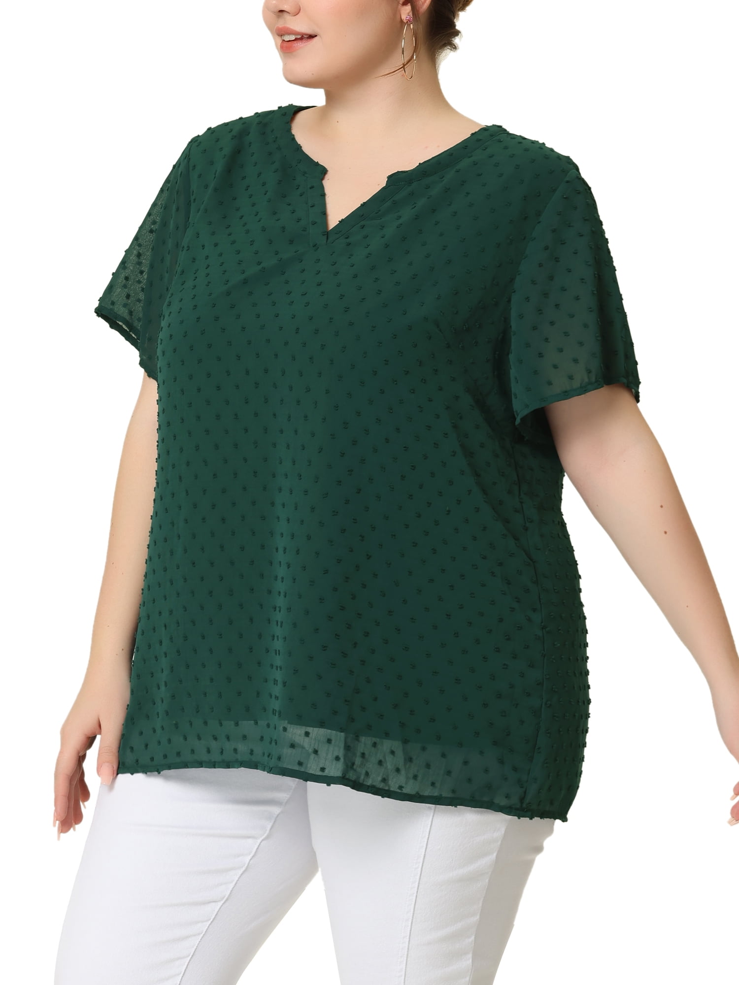 Unique Bargains Women's Plus Size Outfits Fashion Solid Pin Dots V Neck Top 5X Dark Green