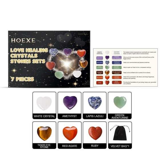 Heart-Shaped Chakra Healing Crystal Set – White Crystal,Amethyst, Green Aventurine, Red Agate, Ruby, Tiger Eye Stone,Lapis Lazuli,Emotional Balance, Stress Relief,Chakra Alignment Kit 7.4 oz