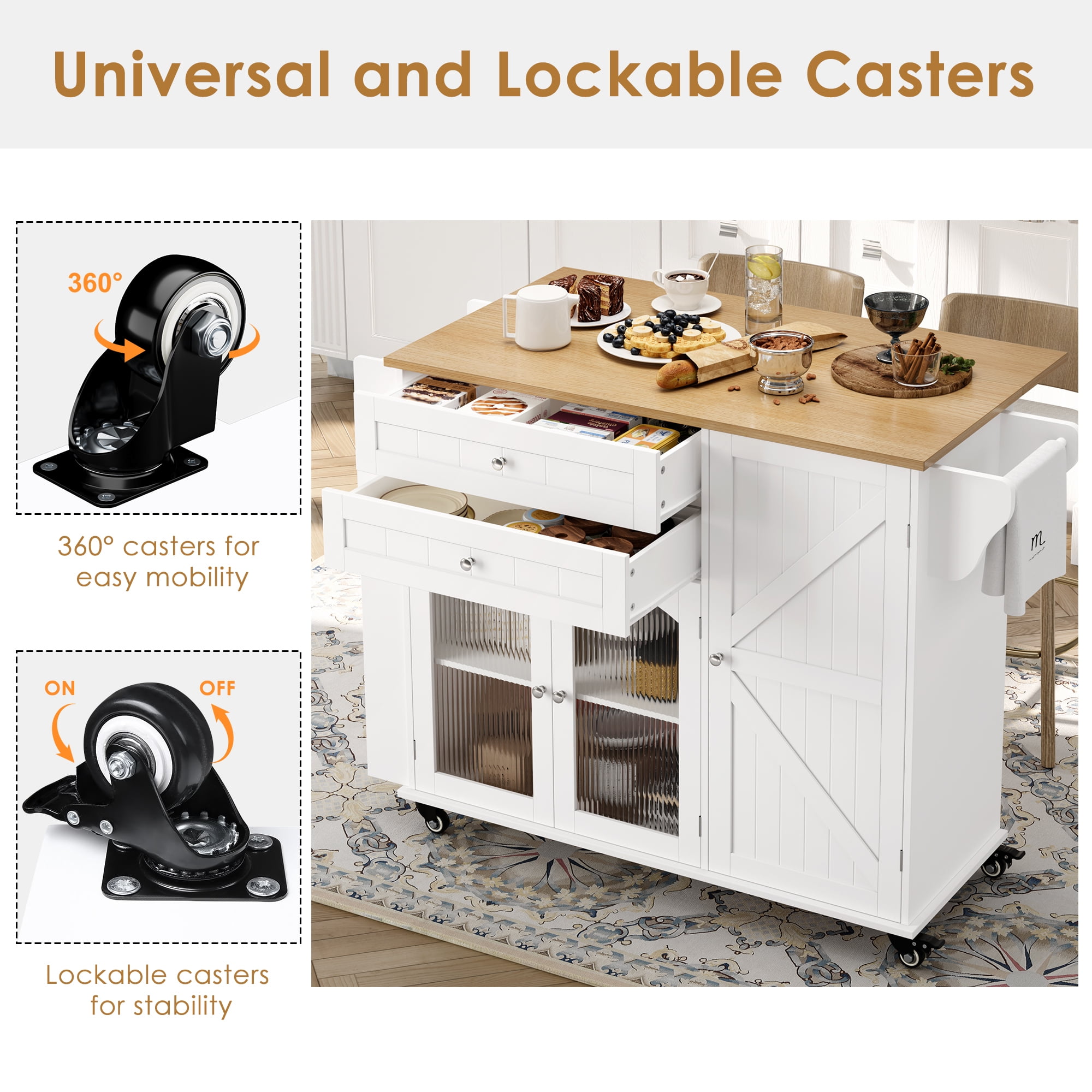 Homfa 43.3" Portable Kitchen Island Cart with Drop Leaf, 3-Doors 2-Drawers Wood Rolling Storage Cart with Spice Rack and Lockable Wheels