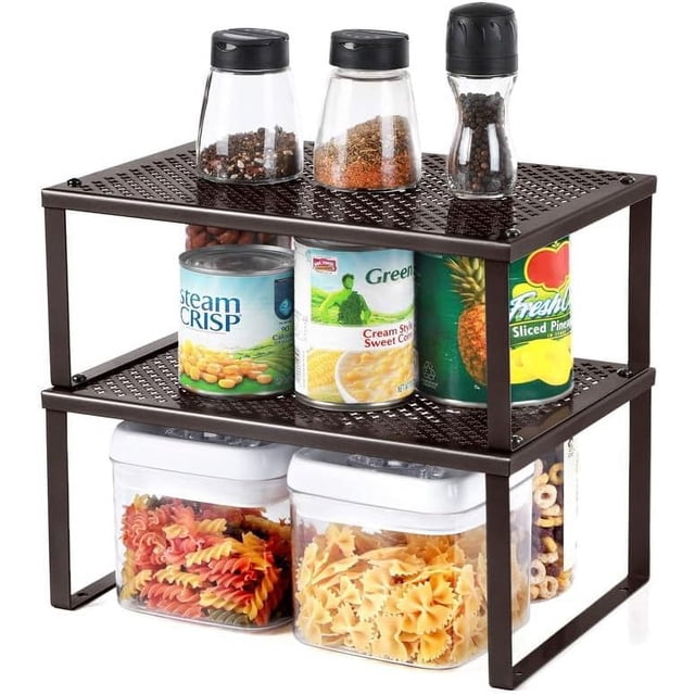 SONGMICS Spice Racks, Set of 2 Metal Cabinet Shelf Organizers, Countertop Organizers, Shelf Risers, Stackable, Expandable, Brown