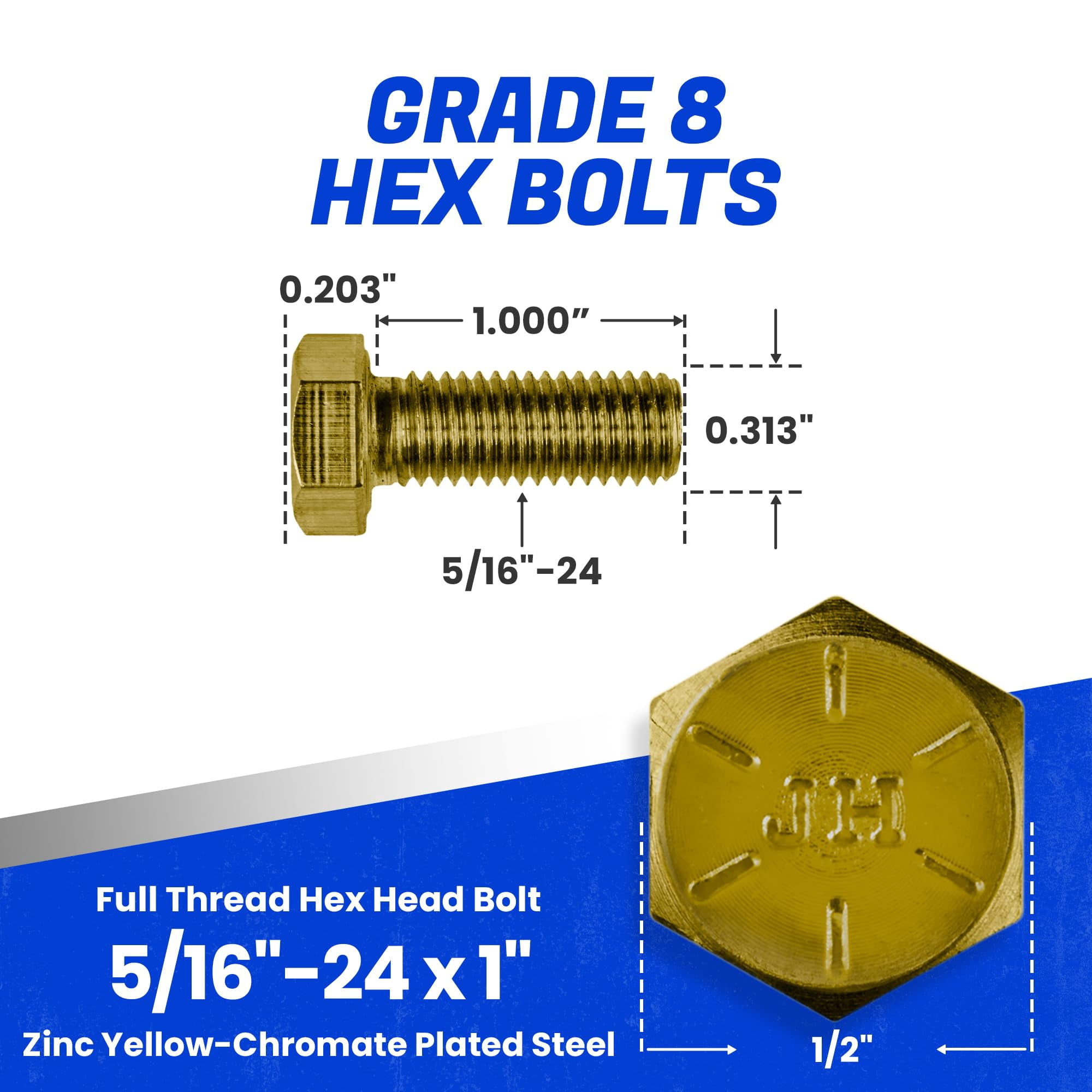 Fastenere 5/16"-24 x 1" Hex Bolts Grade 8 Zinc Yellow-Chromate Plated Steel, Fully Threaded Durable Hex Bolts for Machinery & Construction, Rust-Resistant, Heavy-Duty Fasteners, Pack of 25