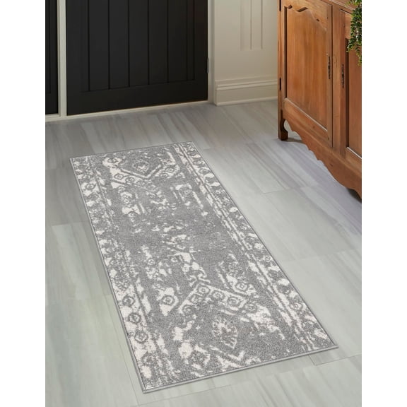 Rugs.com Lennon Collection Rug – 14 Ft Runner Gray And Ivory Medium Rug Perfect For Hallways, Entryways