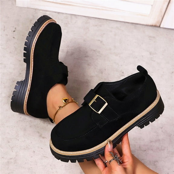 Wowcloth Chunky Sole Loafer Shoes for Women – Stylish Metal Buckle Slip-On with Plush Suede Upper & Arch Support for Casual Autumn Winter Wear
