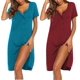 thumbnail image 3 of Ekouaer 2 Pack Nightgowns for Women Button Down Night Shirts Short Sleeve Sleep Shirts V Neck Sleepwear Pajama Dress, 3 of 5