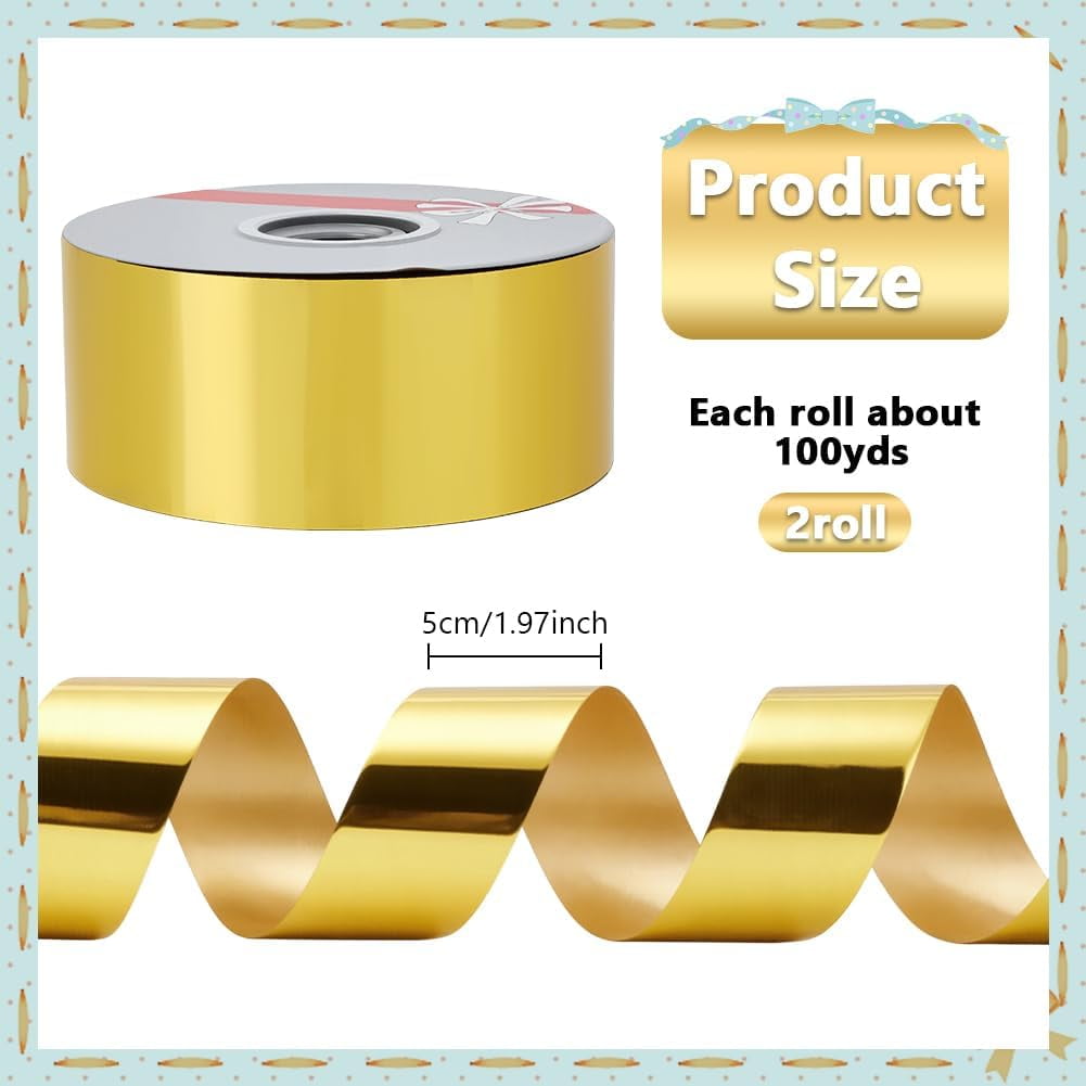 2 Rolls 200 Yards Shiny Waterproof Ribbon 2 Inch Gold Curling Ribbon for Gifts Package Wrapping Bows Crafting Wedding Festival