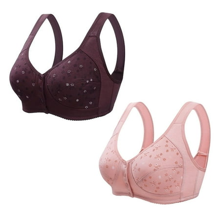 2PC Women Wireless Bras Comfort Back Support Floral Lace Bra Adjustable Wider Straps Full Coverage Lift Up Minimizer Bras Wine 2 42B