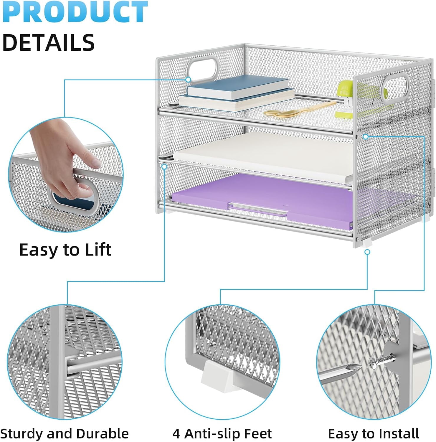 3 Tier Paper Organizer Letter Tray, Mesh File Organizer with Handle, Paper Sorter Desk Organizer for Home Office Supplies - Silver