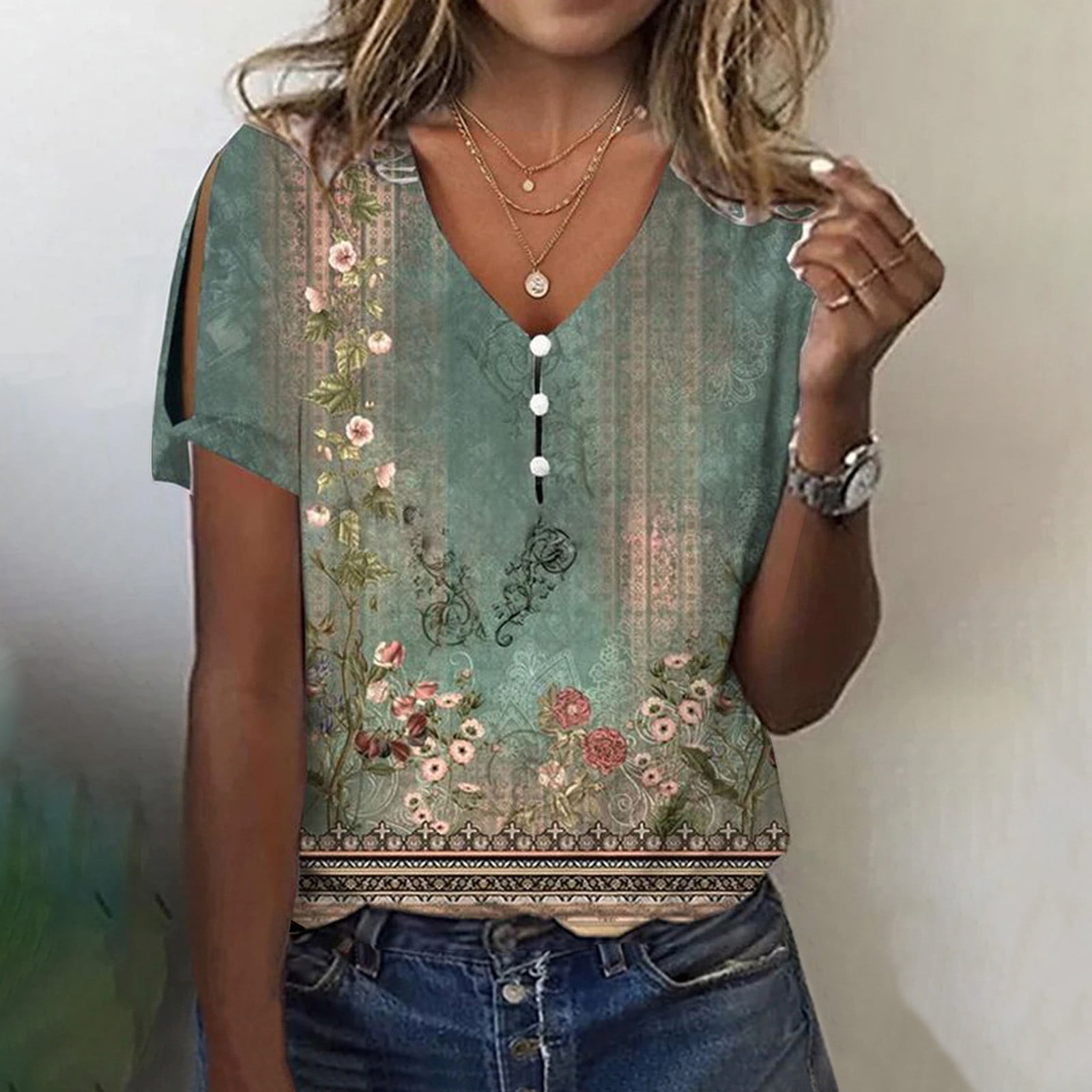 Lastesso Womens Plus Size Summer Shirts Short Sleeve Hollow Out Blouses Tops Buttons Down Floral