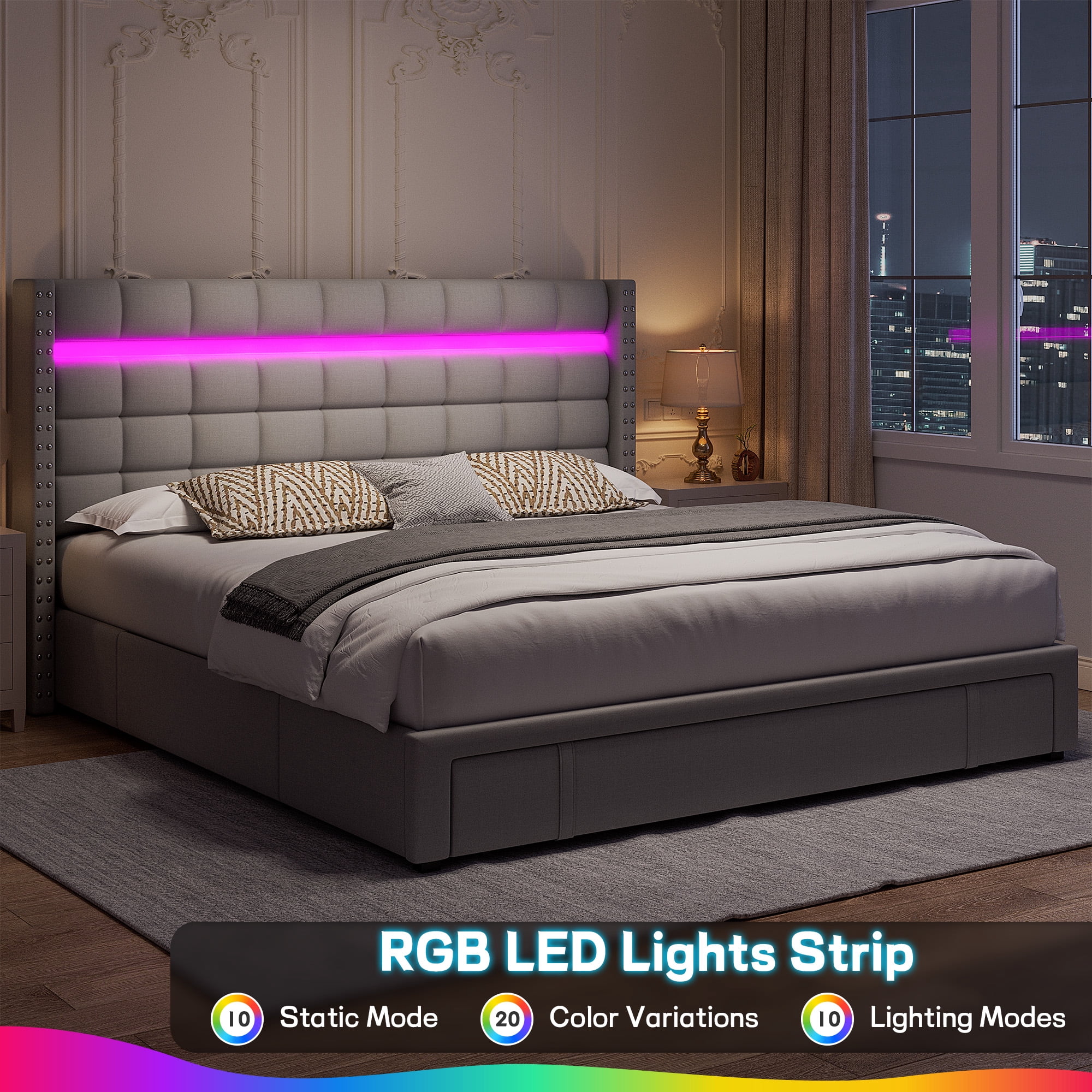 Queen Size Bed Frame with 3 Storage Drawers & LED Light Upholstered Bed Frame with Adjustable Headboard,Gray