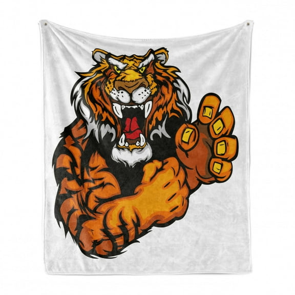 Tiger Soft Flannel Fleece Throw Blanket, Cartoon Styled Very Angry Muscular Large Feline Mascot Animal Growling Print, Cozy Plush for Indoor and Outdoor Use, 60" x 80", Black and Orange, by Ambesonne
