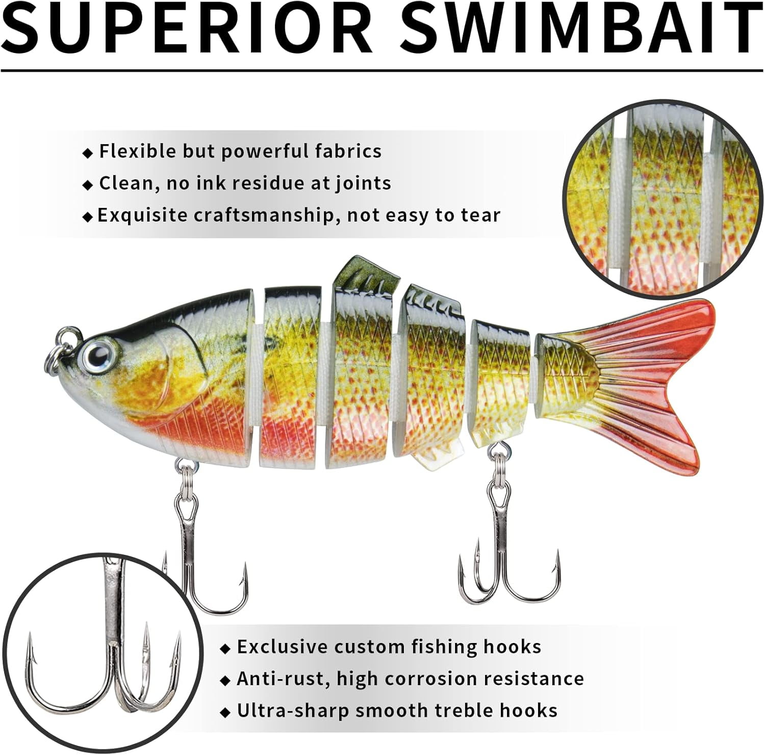 TRUSCEND Swimmax Fishing Lure with BKK Hook， Easy Catch: Wiggling, Vibrating, Rattling with Noise, Heavy-Duty Dyneema Fiber Jointed Swimbait for Bass, Trout, Crappie，Ideal for Family Fishing