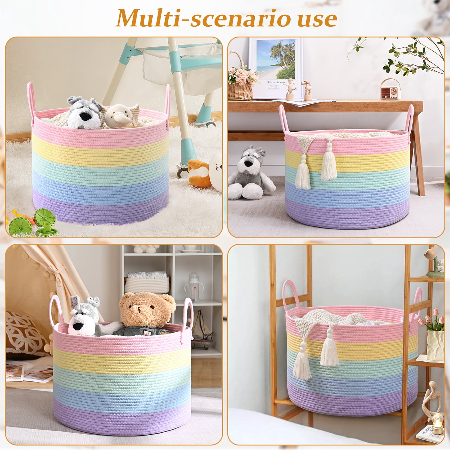 Natubeau 65L Large Cotton Rope Storage Basket, Soft Rainbow Decorative Basket for Living Room & Nursery, Foldable Laundry & Toy Organizer, 20"x20"x13"
