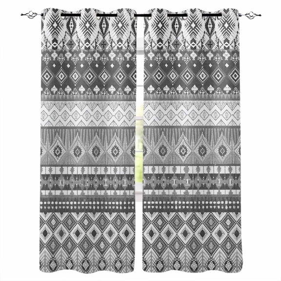 Grey White Boho Blackout Curtains for Bedroom 45 Inch Length 2 Panels Set, Vintage Ethnic Tribe Abstract Art Thermal Insulated Energy Saving Window Treatment Curtains Blackout Drapes 52"x45"