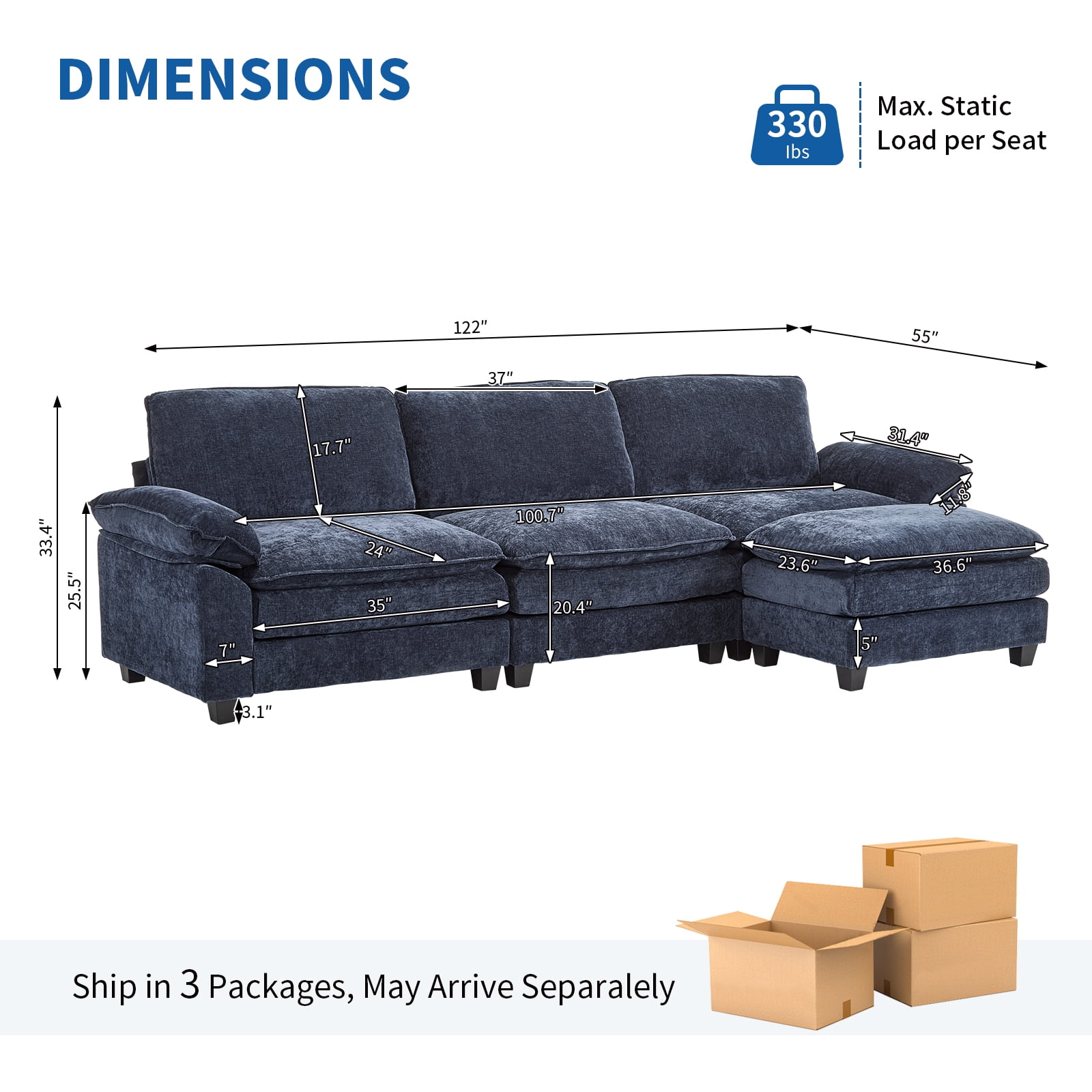 Capri 122" Oversized Sectional Couch, L Shaped Cloud Couch, Convertible Sofa Set for Living Room, Chenille, Blue