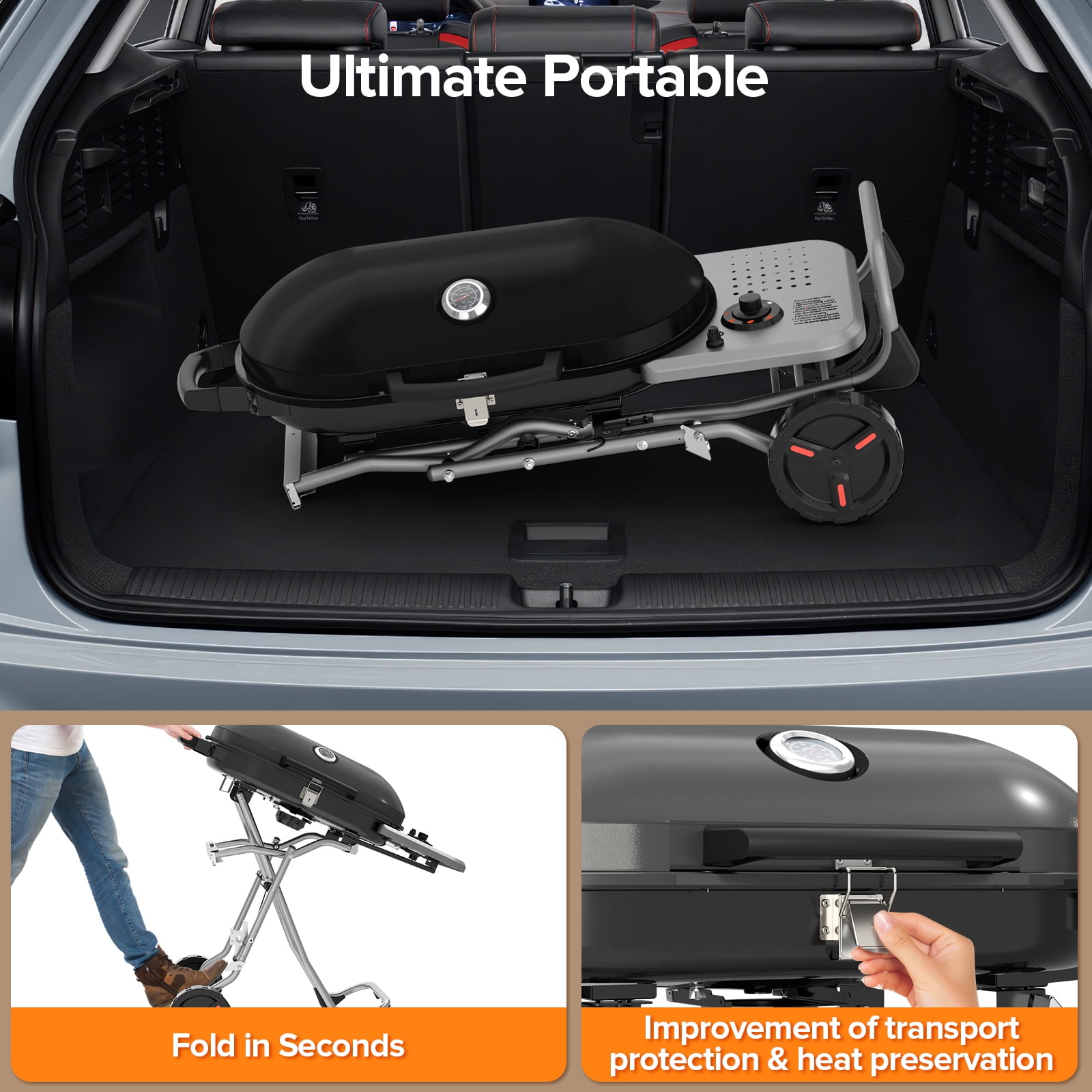 LHRIVER Portable 348 sq.in Stand-Up Propane Grill, 15000 BTU Folding Gas Grill Cart with Side Table & 2 Wheels for Camping, Patio