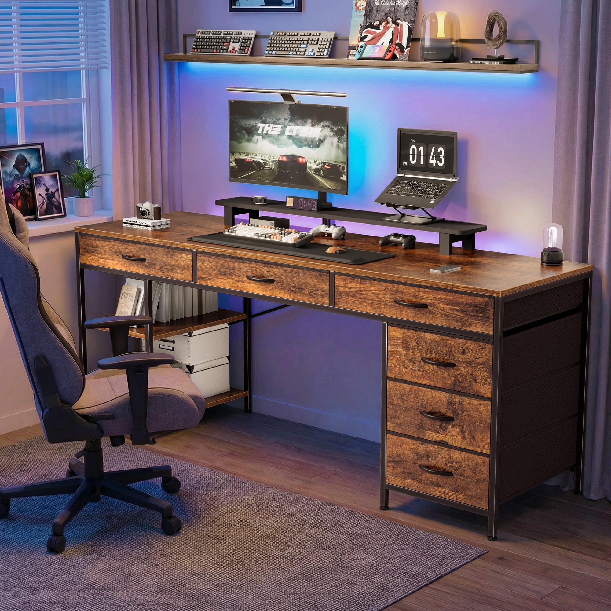 Amadwell 54" Desk with Drawers & Storage, Office Desk with Reversible Shelves, Gaming Computer Desk, Brown