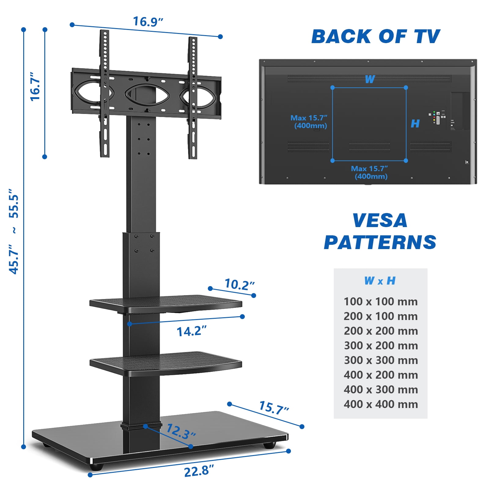 RTVR Modern Floor TV Stand with Mount for 32-70 inch Flat Screens, Black Swivel TV Stand with 2 Adjustable Shelves
