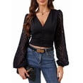 thumbnail image 3 of Womens Chiffon Bell Sleeve Blouse V Neck Peplum Waist Slim Fit Tshirt Elegant Casual Top Black XL, 3 of 9