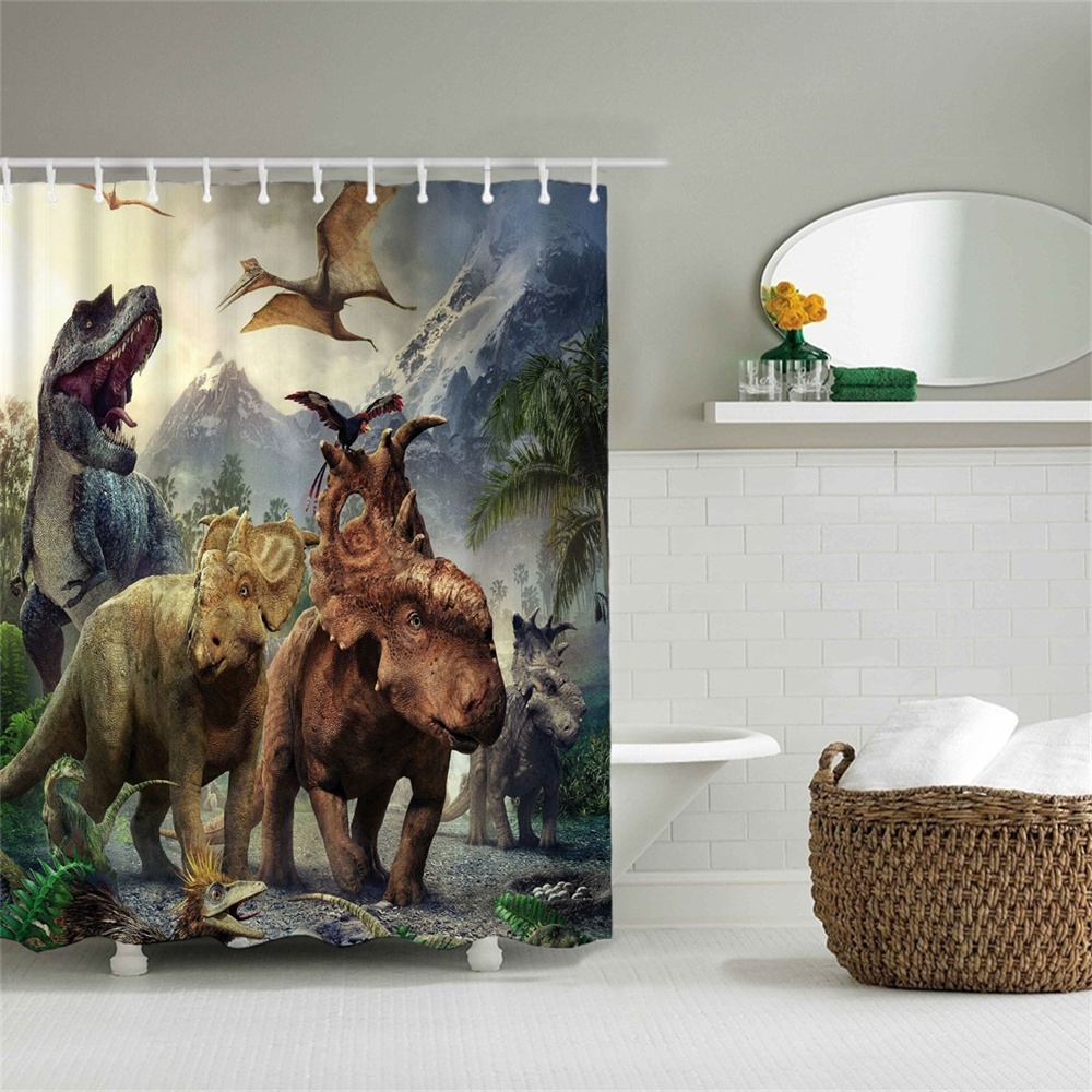 Fabric Shower Curtain With Hooks Dinosaur Print Jurassic Realm Various