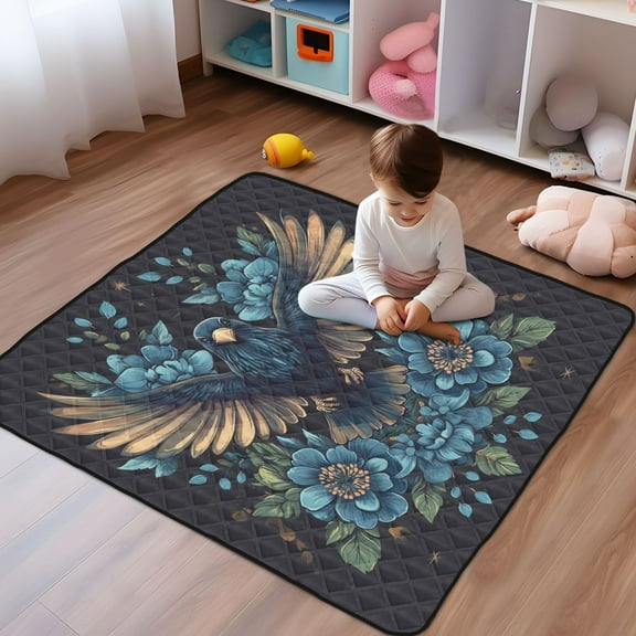 WOBOGO Golden Winged Crow Pattern Baby Playmats Extra Large Waterproof Rollable Activity Pads for Toddlers 50×50inch