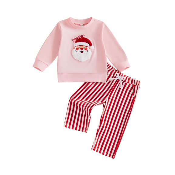 Cjfdfy Toddler Baby Girl Christmas Outfit Long Sleeve Sweatshirt and Pants 2Pcs Cute Santa Claus Embroidery Crewneck Sweatshirt Top Striped Pants Set Baby Girl Winter Clothes