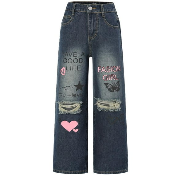 Graffiti Print Ripped Denim Pants (S, DarkBlue)