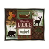 Welcome Lodge Plaid Wildlife Sign Animals & Insects Graphic Art Luster Gray Framed Art Print Wall Art