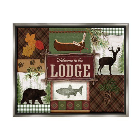 Welcome Lodge Plaid Wildlife Sign Animals & Insects Graphic Art Luster Gray Framed Art Print Wall Art