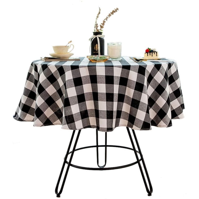 Buffalo Plaid Round Tablecloth Checkered Cotton Linen Table Cover for Kitchen Dining Room Home Decor ( Round - 48 Inch, White & Black )