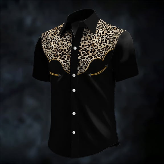 HOWPAY Button down Shirt Men Short Sleeve Western Cowboy Print Beach Vacation Tops Casual Regular Fit Oversized Summer Shirts Black L