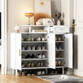 thumbnail image 2 of Elegant Shoe Cabinet With Arched Doors And Adjustable Shelves, White, For Entryway, Living Room, Build White Entryway Curved Top Plate, Spacious Desktop, Stylish, 2 of 6