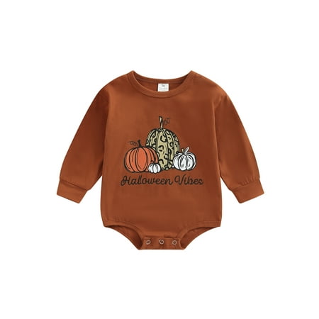 

VISgogo Baby Romper Letter Pumpkin Print Round Neck Long Sleeve Bodysuit