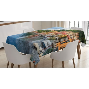 Ambesonne Italian Tablecloth Rectangular Table Cover, Yacht Boat Idyllic Town, 52"x70", Multicolor
