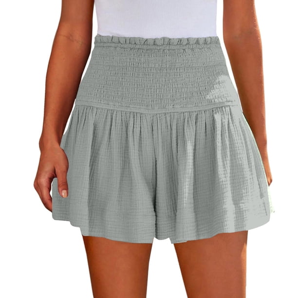 Pantalones Cortos de Verano para Mujeres de Cintura Alta, Moda de Alta Cintura Elástica, Pantalones Cortos Sólidos Casuales