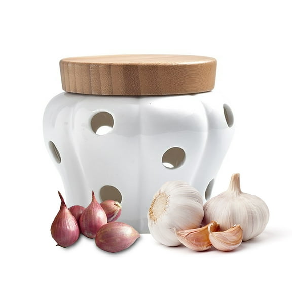 Mornenjoy Garlic Keeper,Ceramic Garlic Jar Storage Garlic Collection Vented Hollow Pumpkin Shape Stoneware Garlic Container with Lid (White Ceramic-M)