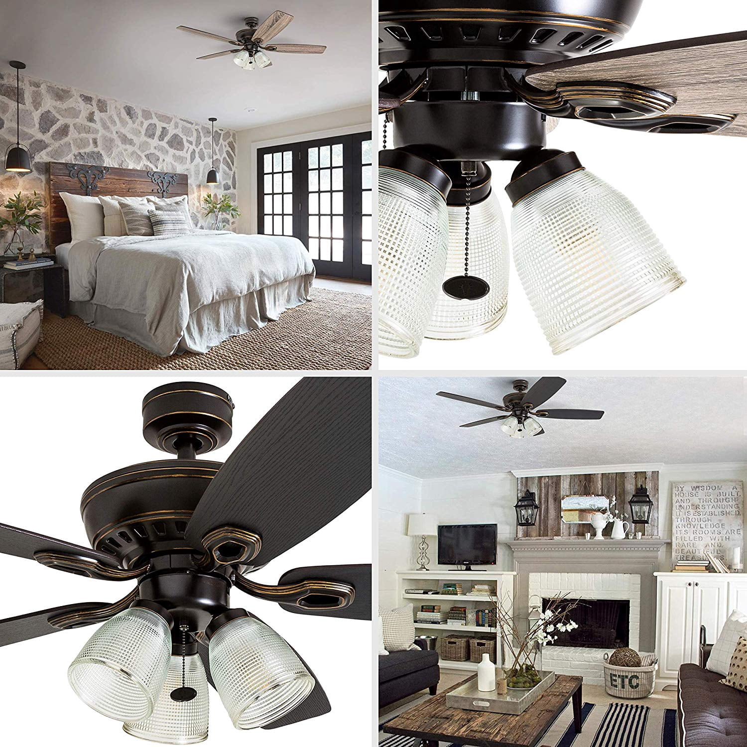 Prominence Home Marston 52″ Oil Rubbed Bronce Ceiling Fan with 5 Blades, 3 Arm Textured Glass Light Kit & Pull Chains Sansujyuku sansujyuku.com