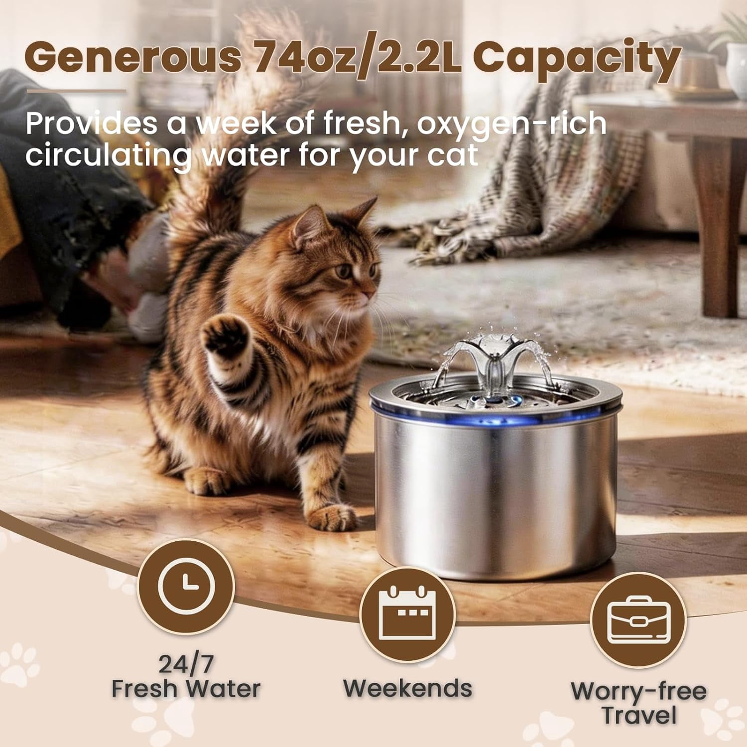 ABCISI Stainless Steel Cat Water Fountain, 74oz/2.2L Automatic Pet Fountain with Filters & USB Pump, Ultra Quiet Water Dispenser for Cats Indoor, LED Monitoring Water Level