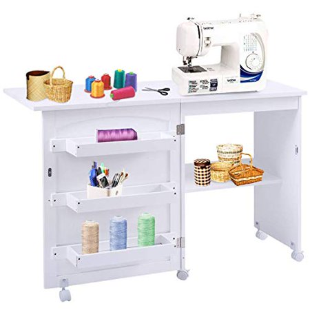 DORTALA Folding Sewing Table, Wood Sewing Craft Table with Open Storage Shelves and Lockable Casters, Space-Saving Craft Table Cart for Living Room, 46"x16"x31'', Brown