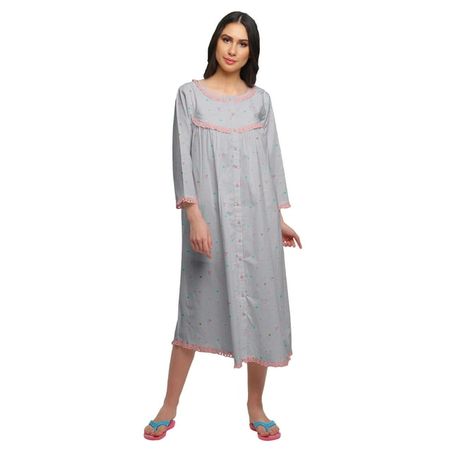 Moomaya Chemise de Nuit Boutonnée en Coton Imprimé pour Femmes, Robe de Nuit d'Allaitement