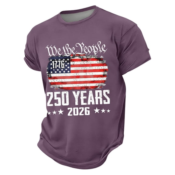 250 Years American Celebration Tee Men's Retro National Flag Printed Short Sleeve Patriotic Holiday Top Purple 3XL