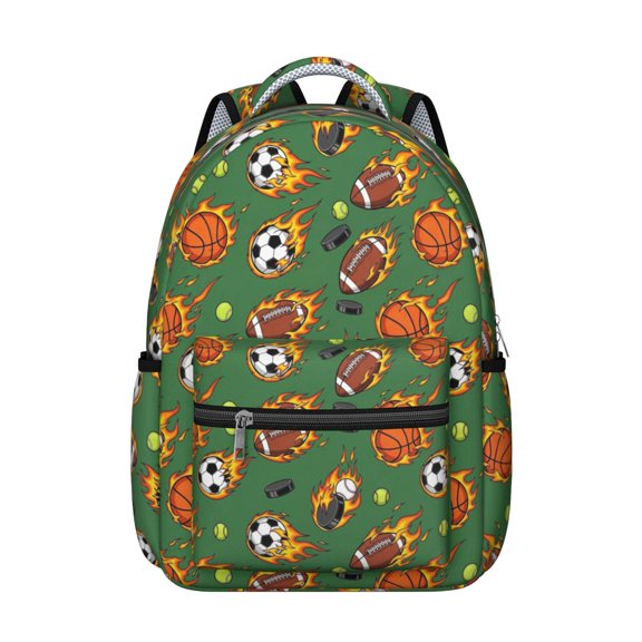 Football and Basketball Green Pattern Backpack for School, Cute School Bag with Adjustable Shoulder Straps and Padded Back, 15.3"x11"x7.1"