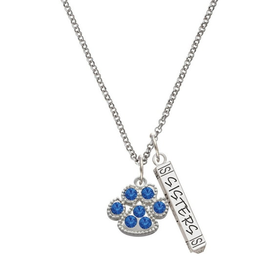 Delight Jewelry Silvertone Large Paw with Blue Crystals Silvertone Sisters Best Friends Forever Bar Charm Necklace, 23"