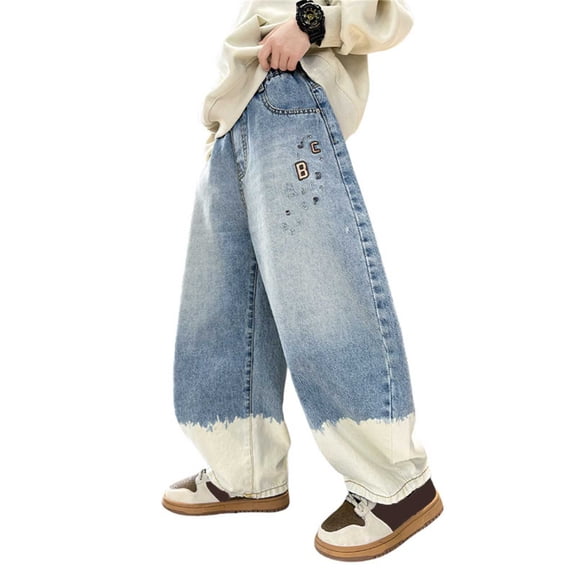 WMQPNNS Boys Baggy Jeans Fashion Streetwear Boys Cargo Pants Size 18 Elastic Waist Casual Wide Leg Denim Pants with Pockets,Size 13-14 Years,1-Light Gray