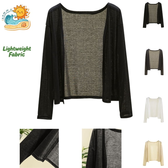 Maqroz Short Cardigan Women Long Sleeve Open Front Beach Cover Up Lightweight Knit Swimsuit Coverup Summer Vacation Cropped Top